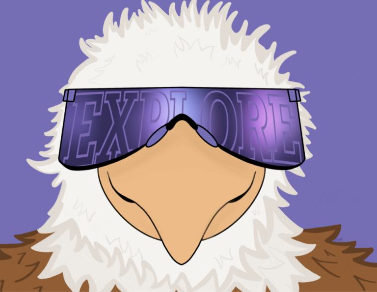 Sprit the Eagle wearing sunglasses that say "Explore" across the lenses.