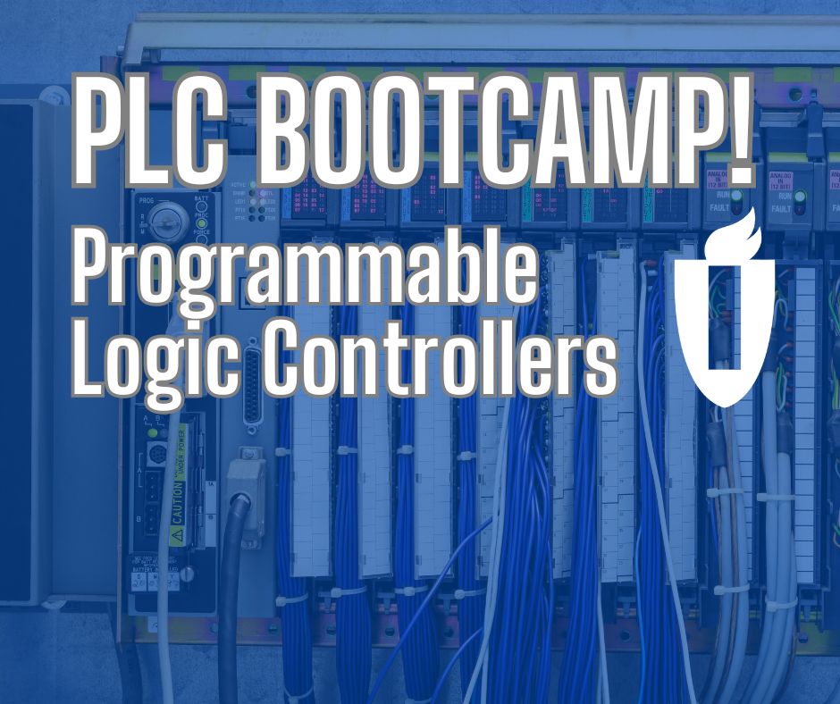 Plc Bootcamp, Programmable Logic Controllers with blue background featuring wires and electronics
