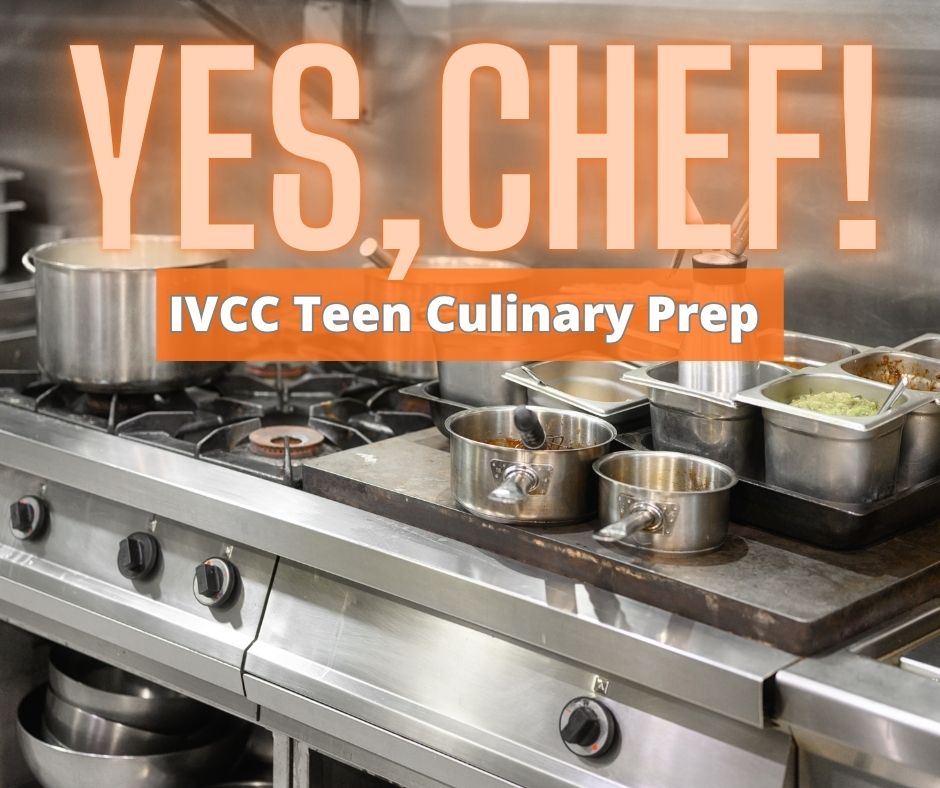 Yes, Chef Teen Culinary Camp with kitchen background including a stove and pots and pans