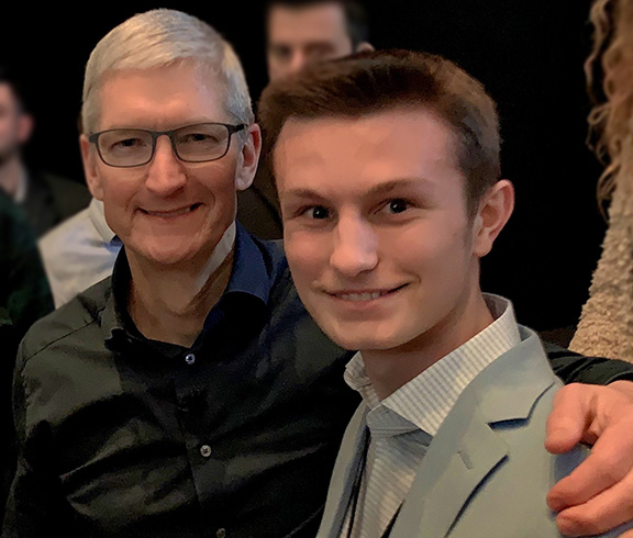 Matt Klein with Apple CEO Tim Cook at the 2019 Apple shareholder’s meeting in Cupertino, Calif. 